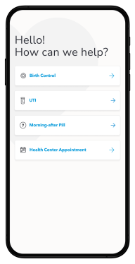 Image of the Planned Parenthood Direct app showing birth control, Emergency contraception & UTI treatment