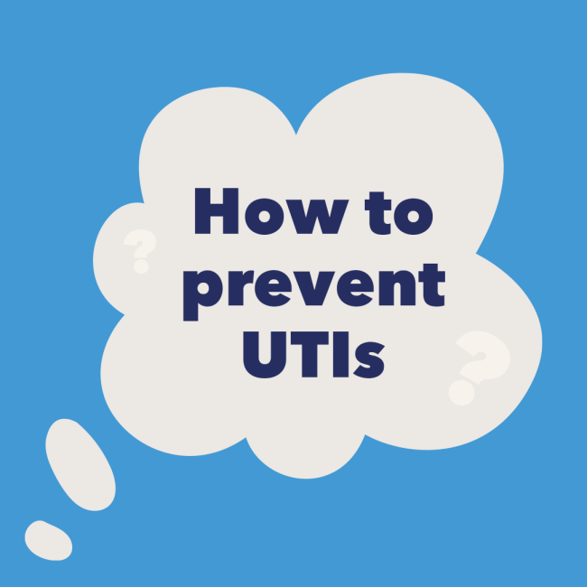 Thought bubble graphic showing text "How to prevent UTIs" on a blue background.
