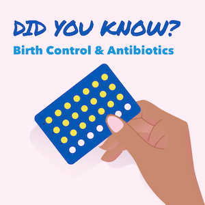 Birth control pills and antibiotics. Hand holding a blue pill pack. 