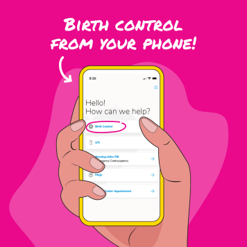 Hand holding a phone with the Planned Parenthood Direct app open and the words "birth control from your phone!"
