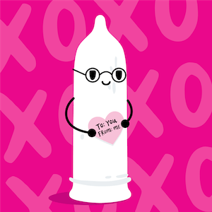 Illustrated condom on a pink background holding a valentine's day heart