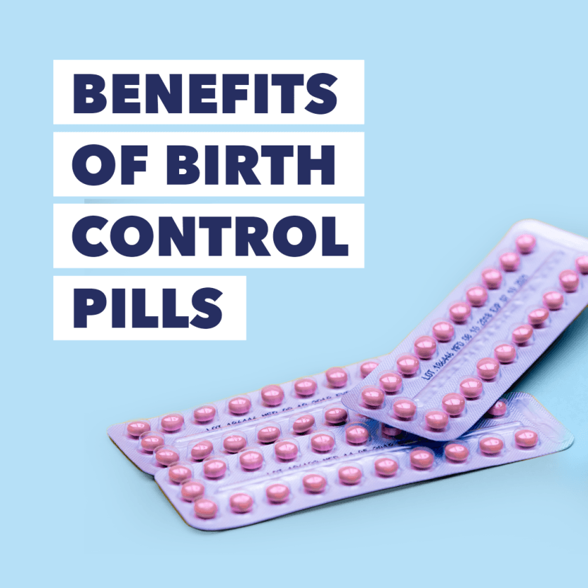 Two birth control packs from Planned Parenthood Direct with words "benefits of birth control"