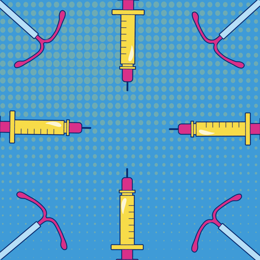 Illustrated IUDs and shots scattered on a blue background.