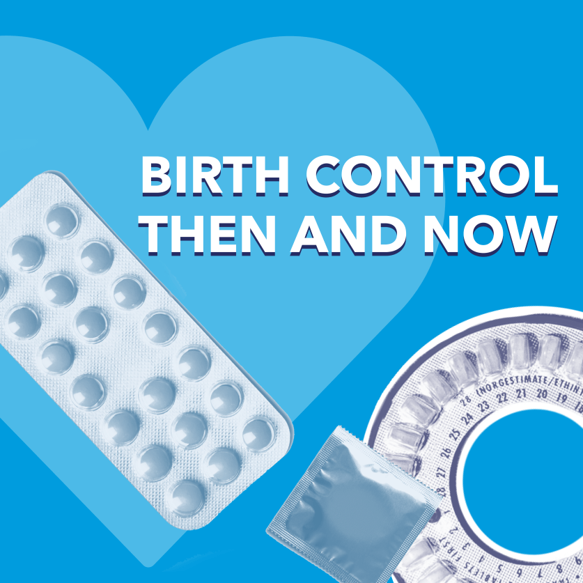 Image of birth control packs and condom on blue background with blue heart.
