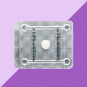 Emergency contraception pill pack from Planned Parenthood Direct on purple background